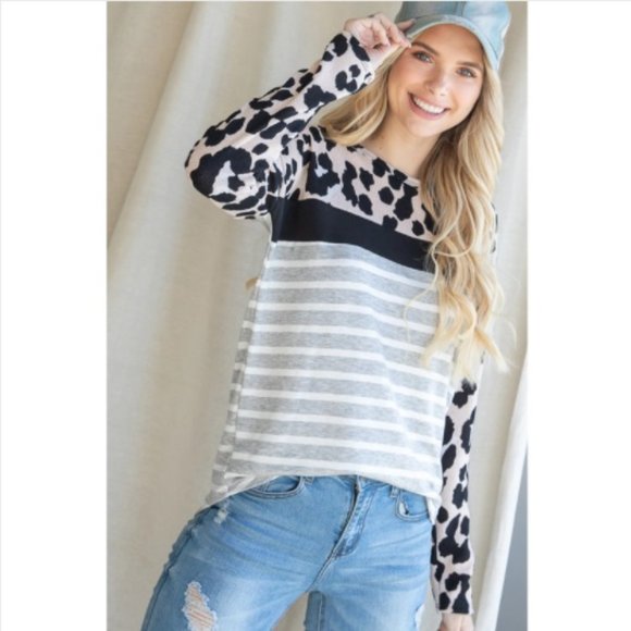 Leopard and Stripes Waffle Long Sleeve Tee LovelyJ - Picture 2 of 3
